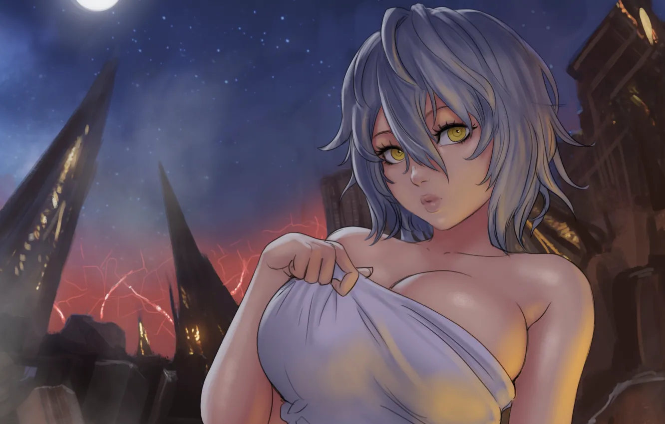 Фото обои girl, moon, sexy, cleavage, boobs, anime, night, beautiful