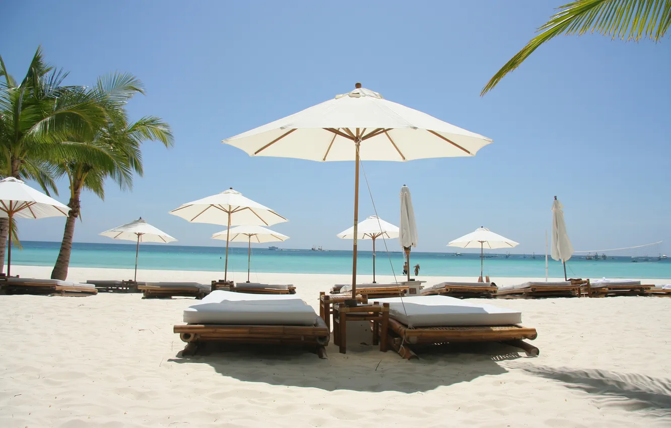 Фото обои море, пляж, пальма, зонтики, лежаки