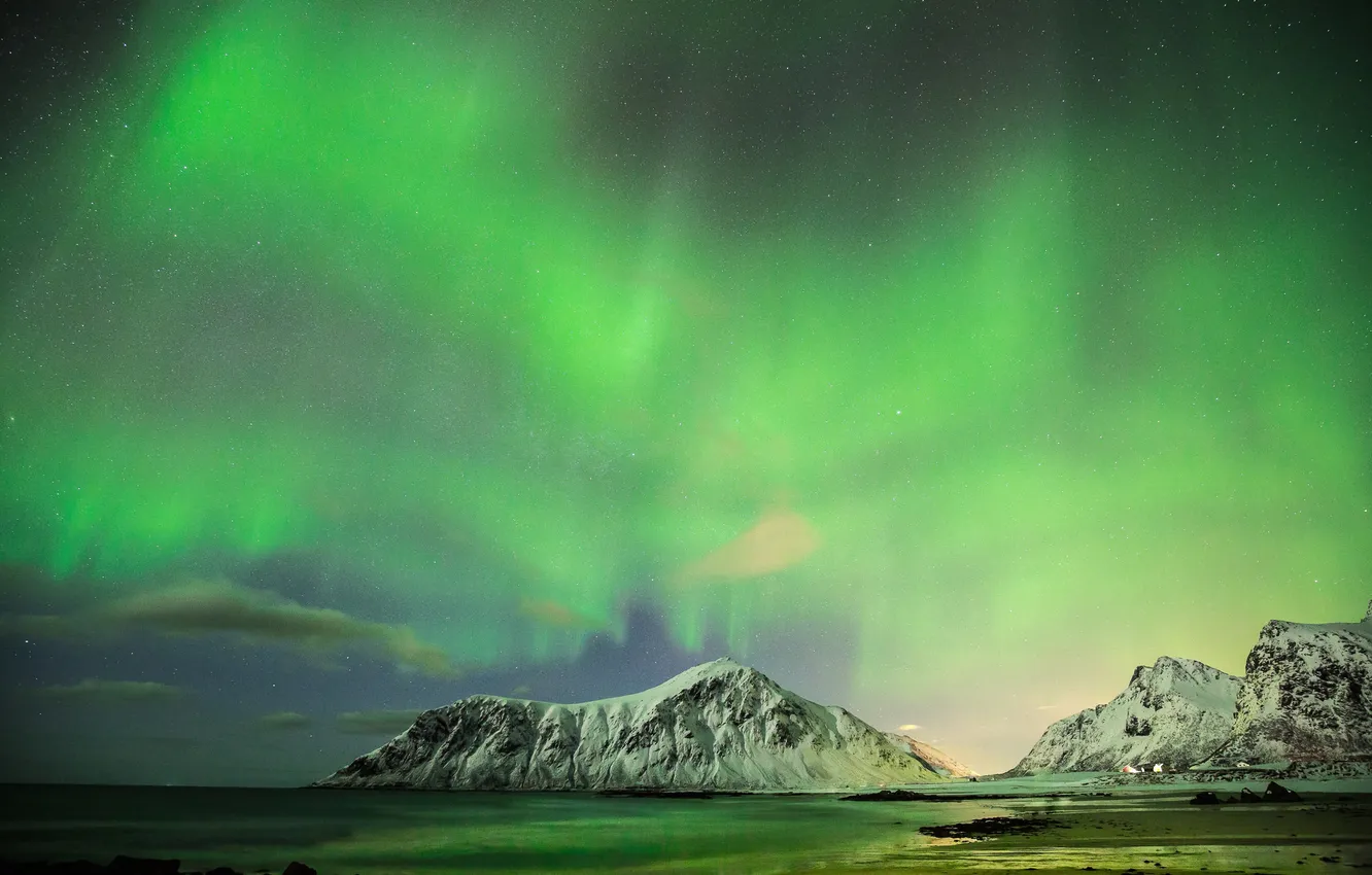 Фото обои звезды, горы, ночь, северное сияние, Норвегия