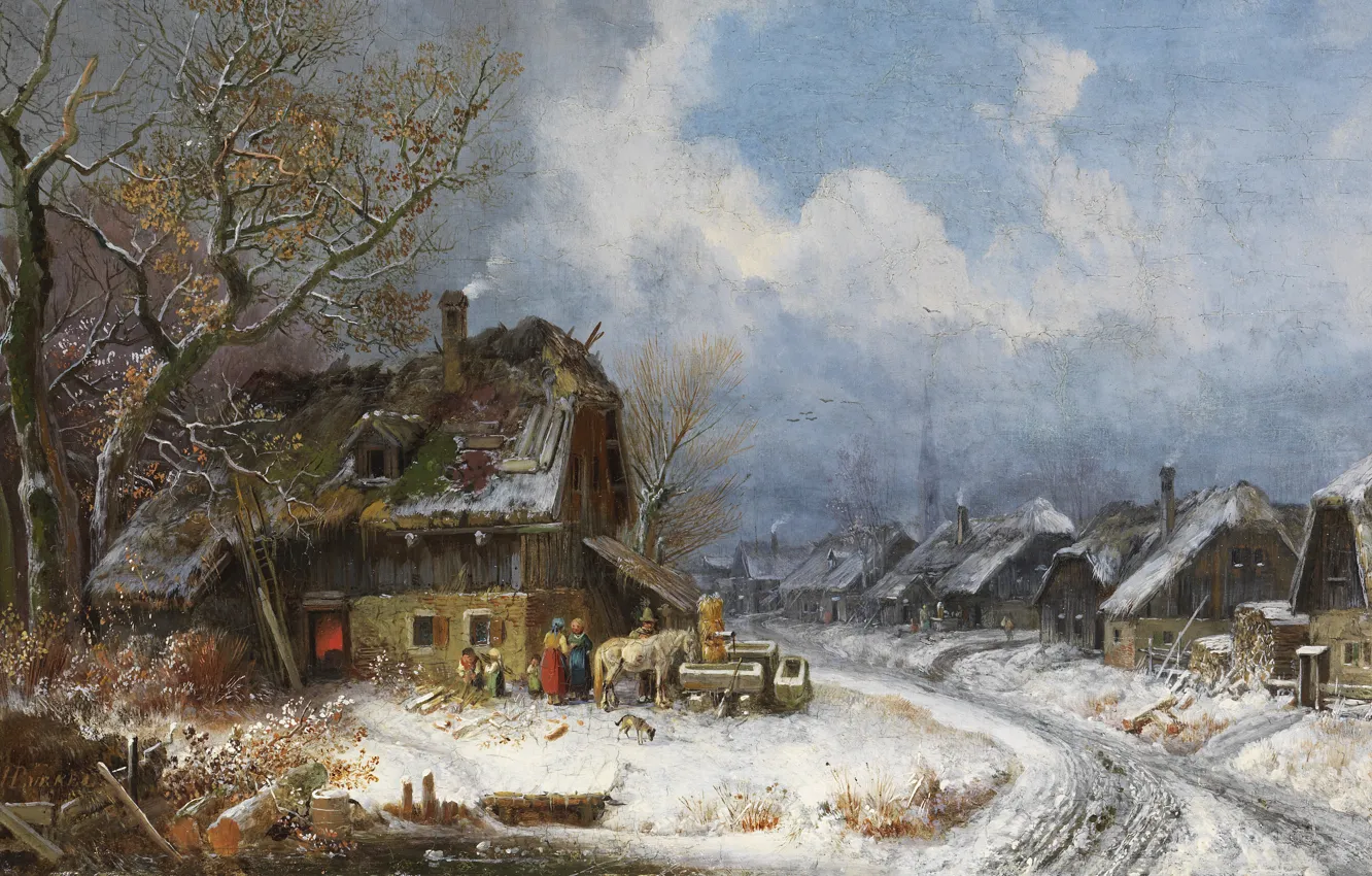 Фото обои 1845, oil on canvas, Генрих Бюркель, Winterliches Dorf, Зимняя деревня, Wintry village, Heinrich Bürkel, немецкий …