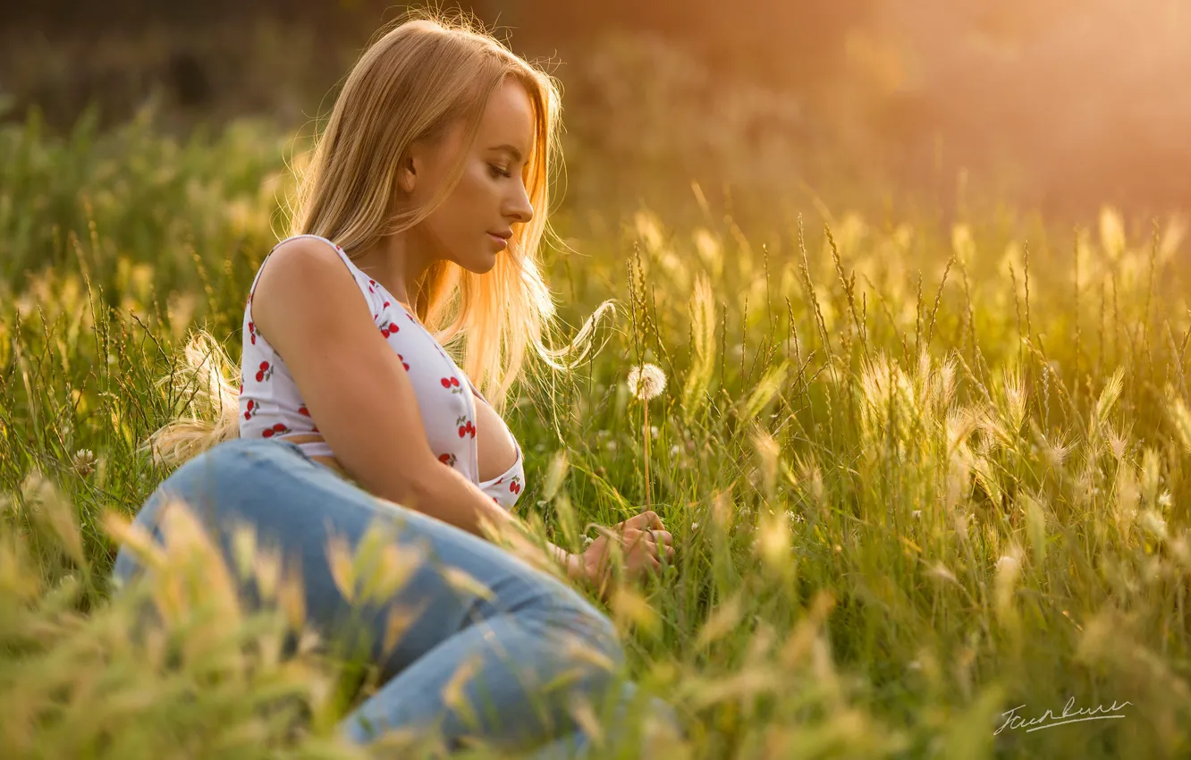 Фото обои лето, трава, девушка, поза, настроение, луг, Jack Russell