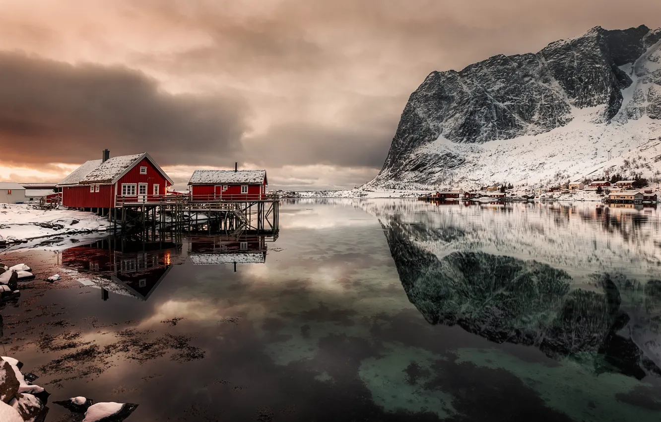 Фото обои отражения, горы, дома, Норвегия, фьорд, Лофотенские острова