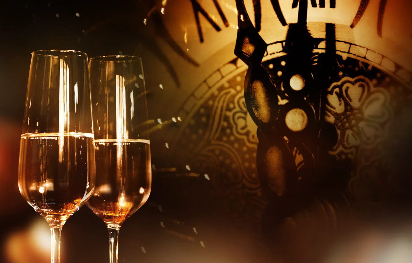 Фото обои украшения, ночь, часы, Новый Год, бокалы, шампанское, 2018, New Year