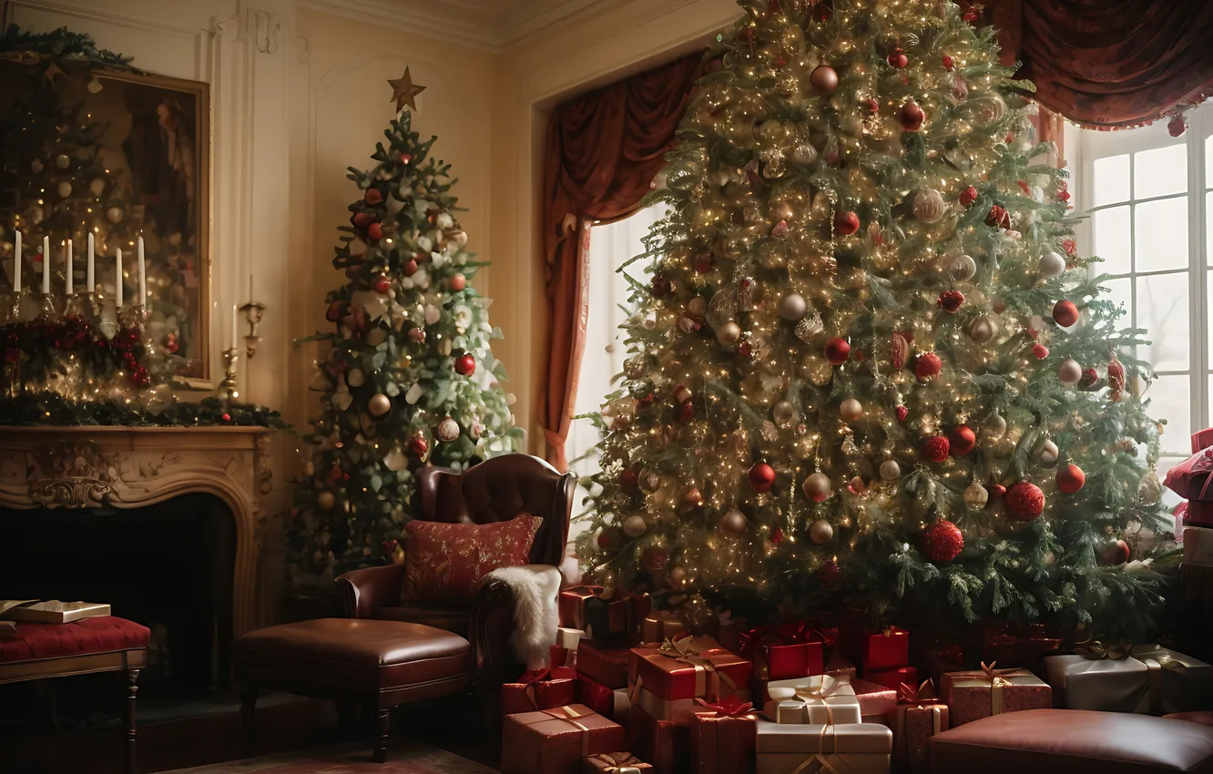 Фото обои украшения, комната, елка, интерьер, Рождество, подарки, Новый год, Christmas