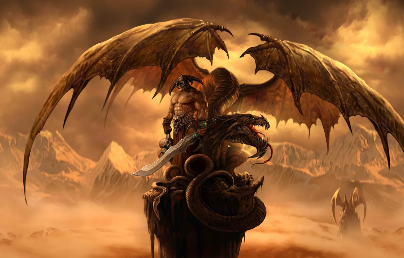 Фото обои горы, скала, дракон, крылья, меч, воин, арт, черепа