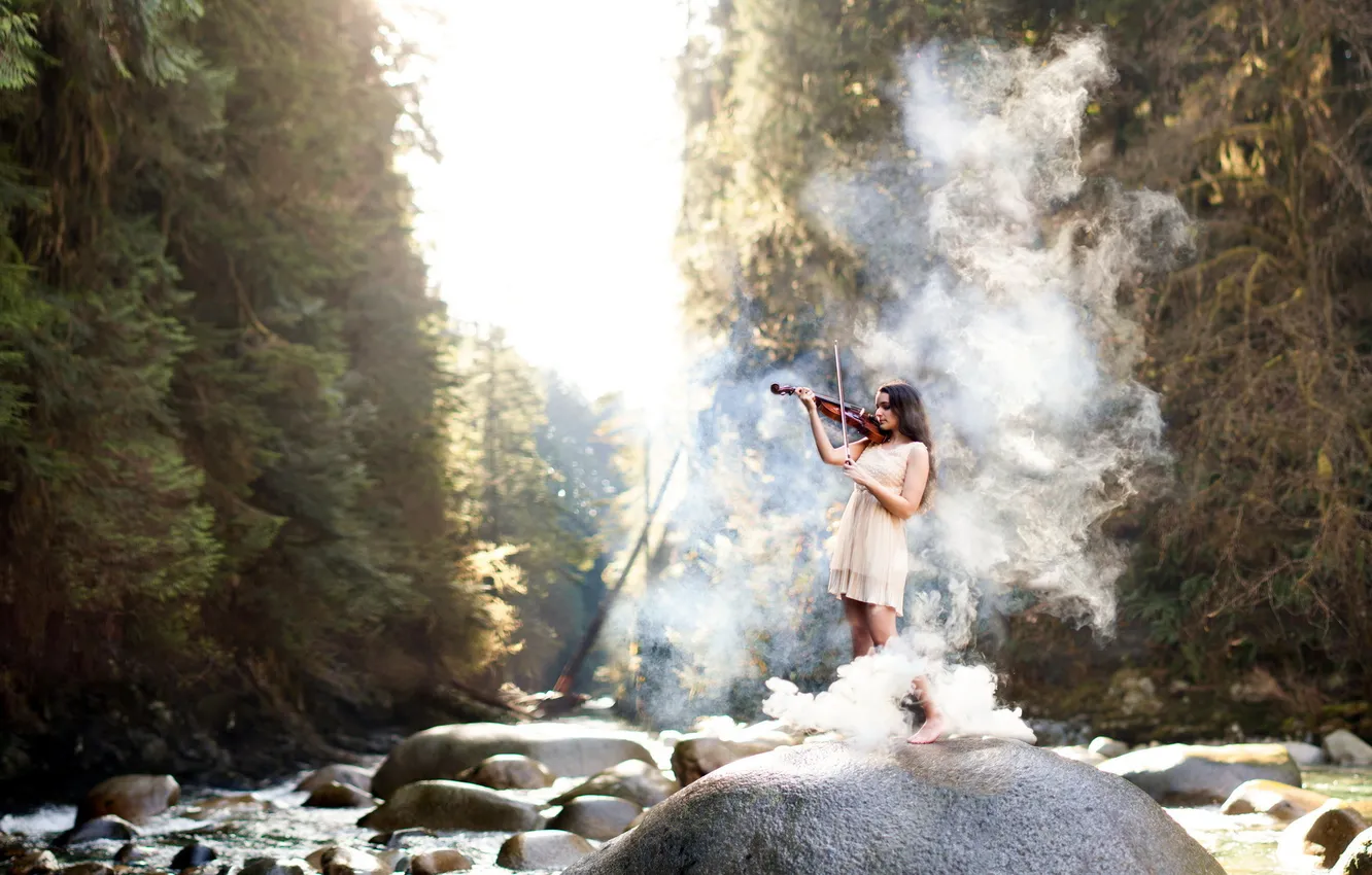 Фото обои девушка, музыка, скрипка, дым