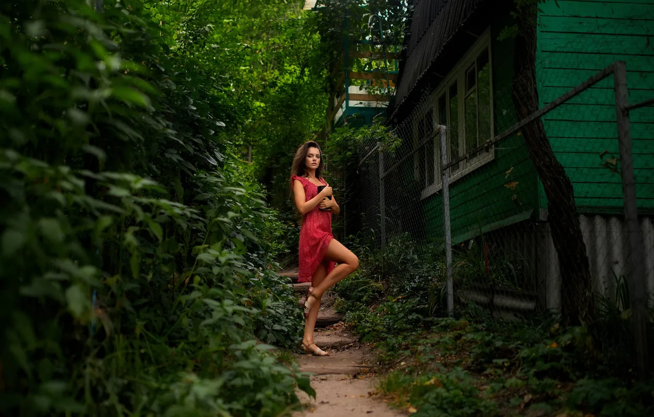 Фото обои девушка, legs, nature, model, brunette, plants, cottage, red dress