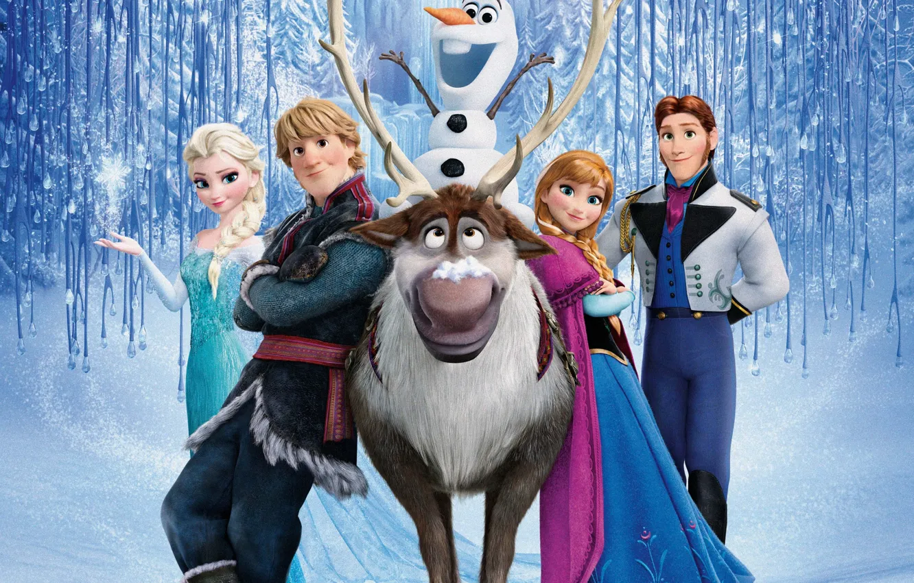 Фото обои снег, снежинки, лёд, олень, снеговик, Frozen, принцесса, королевство