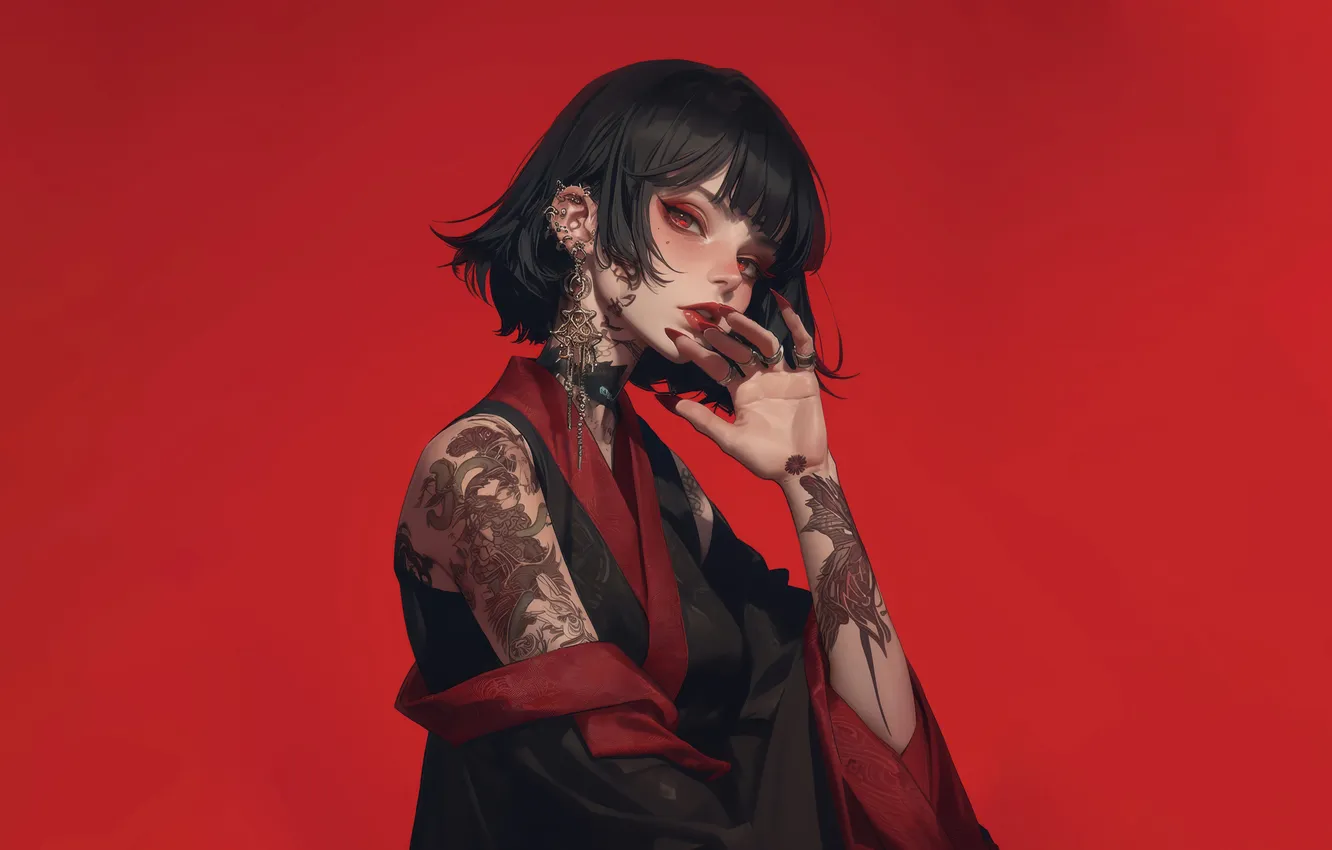 Фото обои Girl, Anime, Red Background, AI Generated