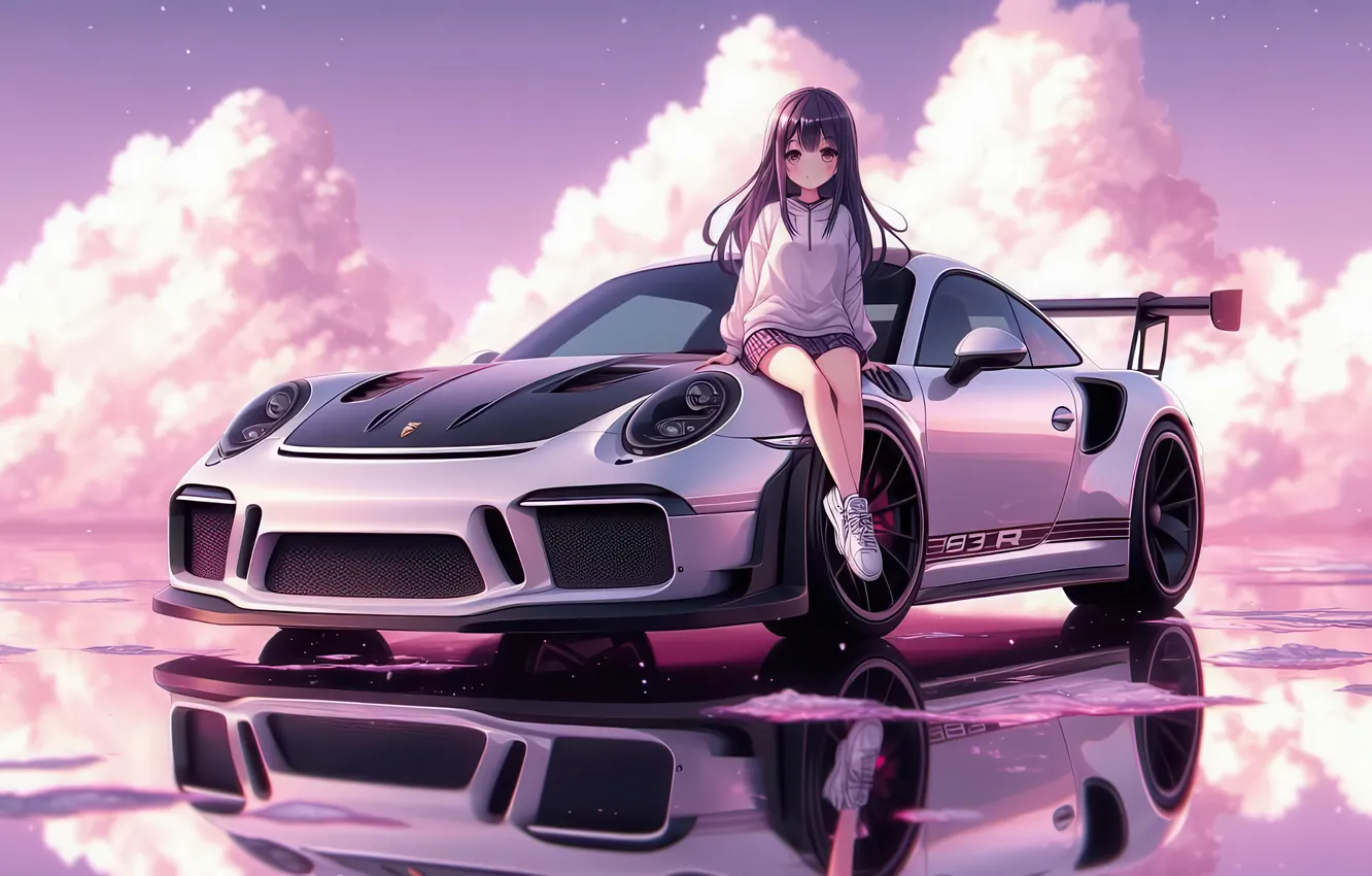 Фото обои Porsche, Girl, Clouds, Anime, Porsche 911, Anime Girl, AI Art, AI Generated