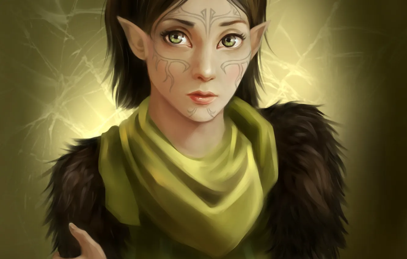 Фото обои девушка, тату, арт, маг, эльфийка, Dragon Age 2, Merrill, долийка