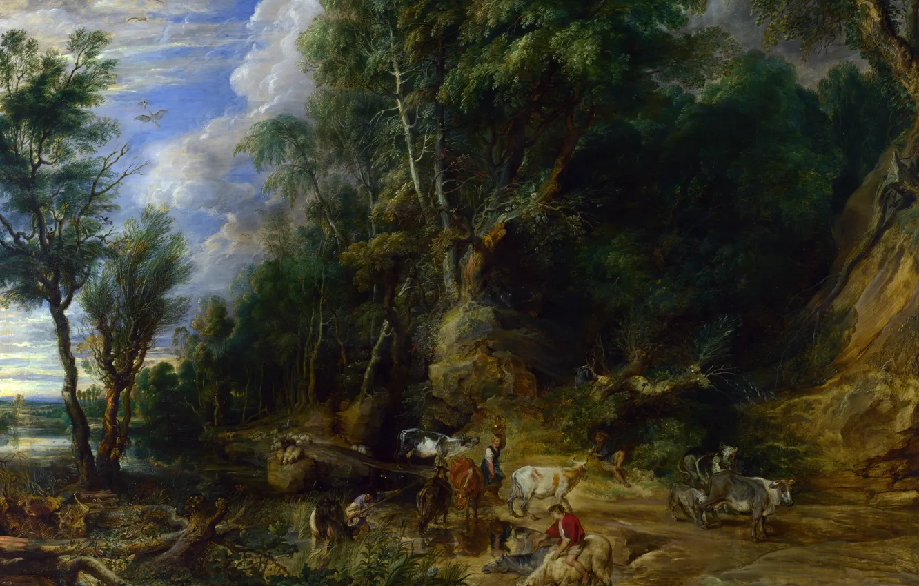 Фото обои природа, картина, Питер Пауль Рубенс, Pieter Paul Rubens, Пейзаж с Водопоем