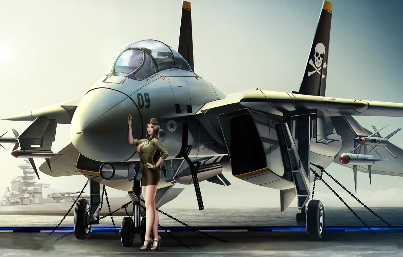 Фото обои девушка, армия, самолёт