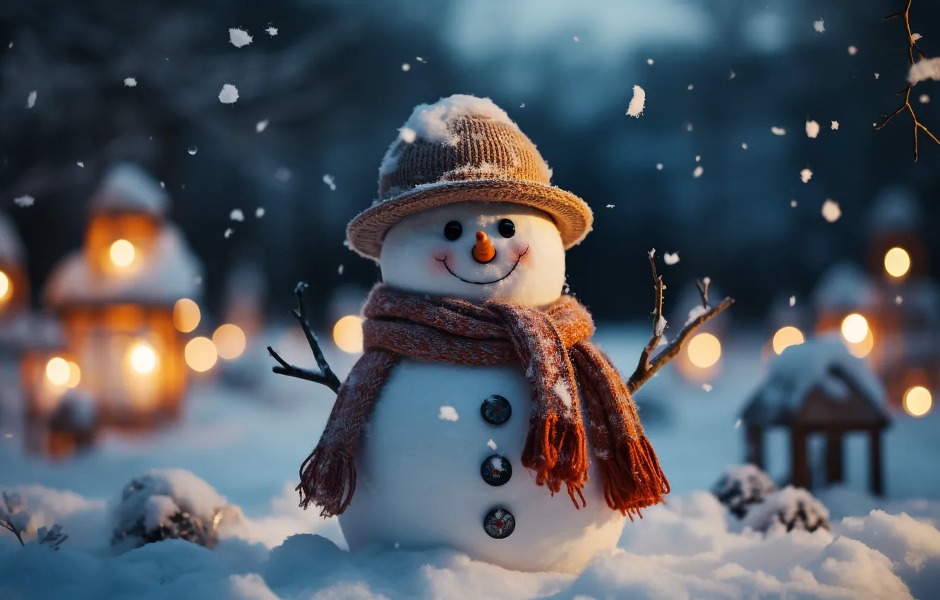 Фото обои зима, снег, Новый Год, Рождество, снеговик, happy, Christmas, night