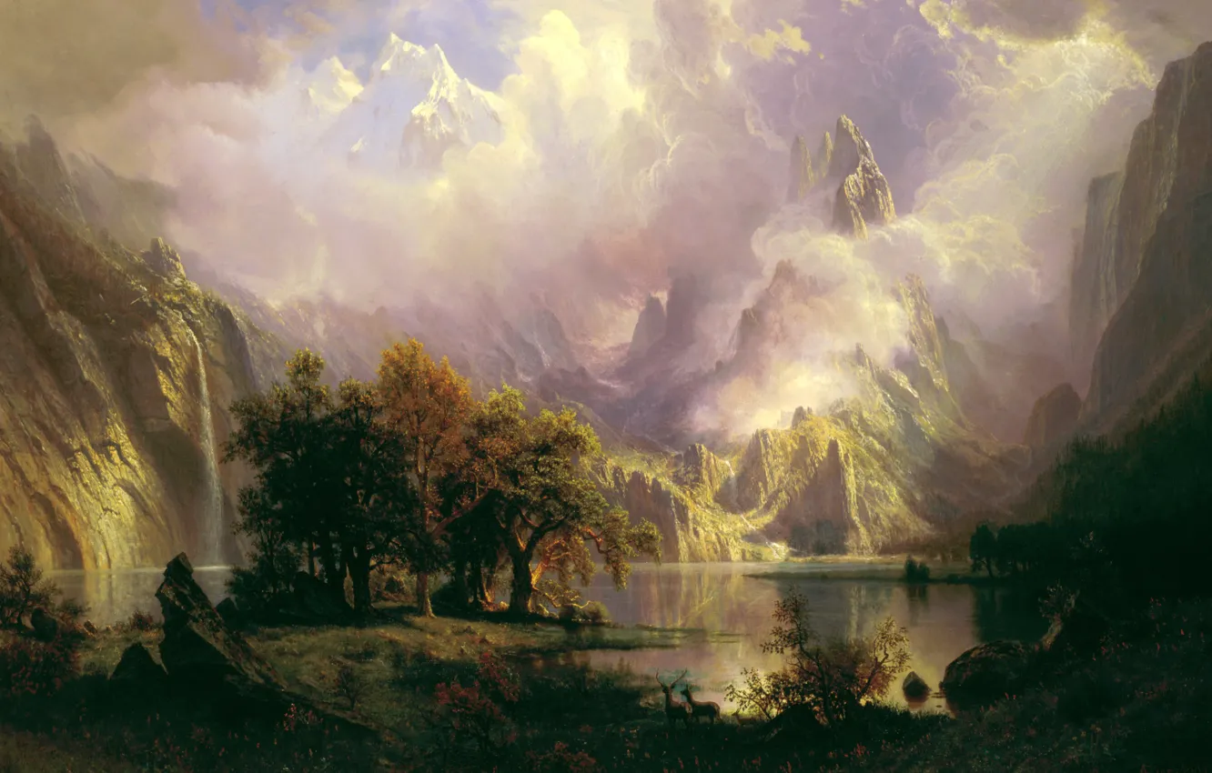 Фото обои озеро, водопад, картина, Альберт Бирштадт, Пейзаж Скалистых Гор