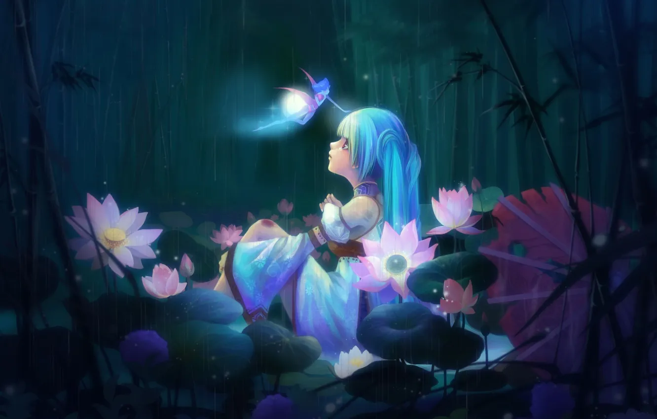 Фото обои лес, цветы, дождь, бамбук, фея, арт, лотос, девочка