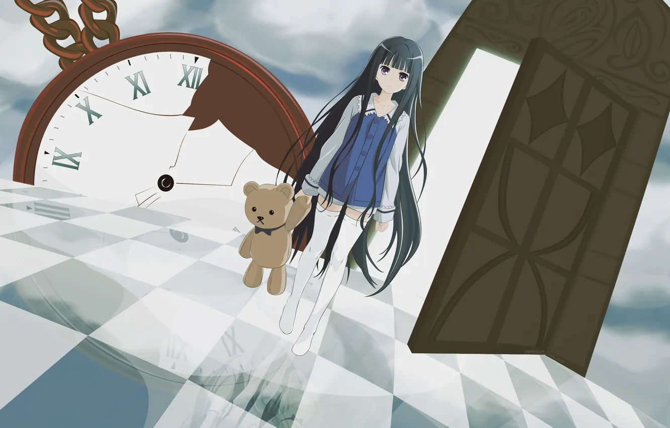 Фото обои осколки, игрушка, часы, дверь, девочка, длинные волосы, плюшевый мишка, Kamisama no Memo-chou