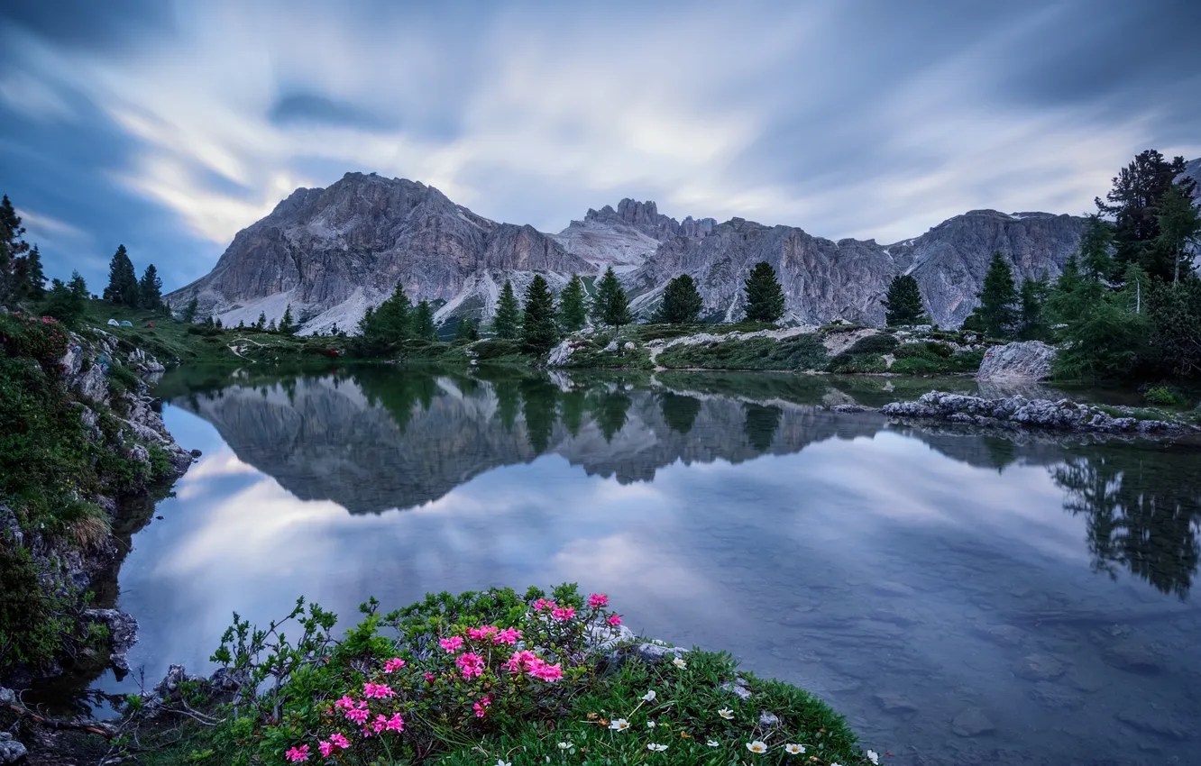 Фото обои небо, облака, деревья, цветы, отражение, зеркало, Италия, пик