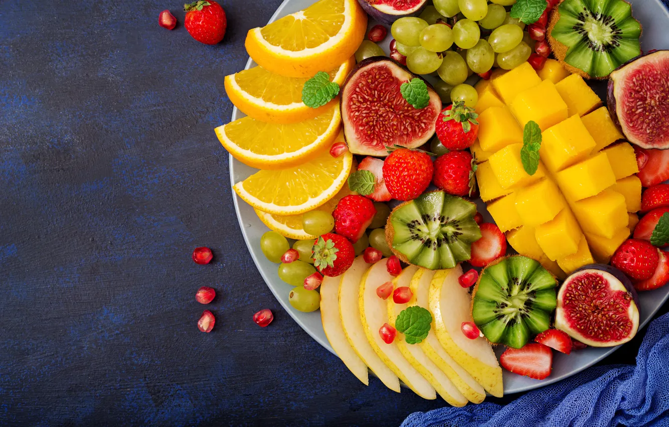 Фото обои ягоды, апельсин, colorful, киви, клубника, виноград, summer, фрукты