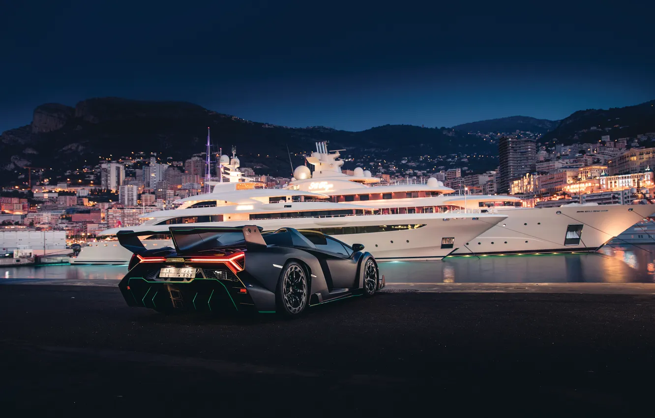 Фото обои ночь, Roadster, Lamborghini, яхта, горизонт, суперкар, supercar, 2014