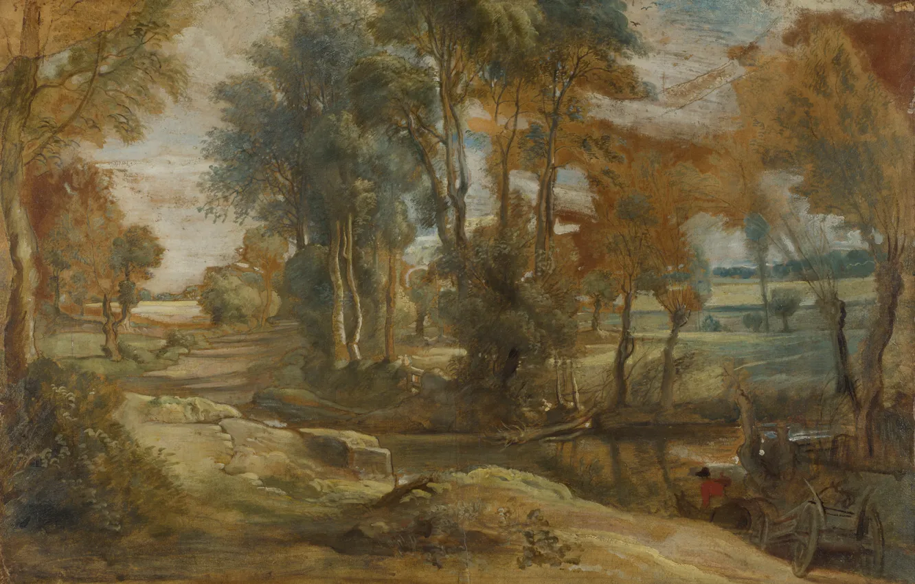 Фото обои пейзаж, картина, Питер Пауль Рубенс, Peter Paul Rubens, A Wagon fording a Stream