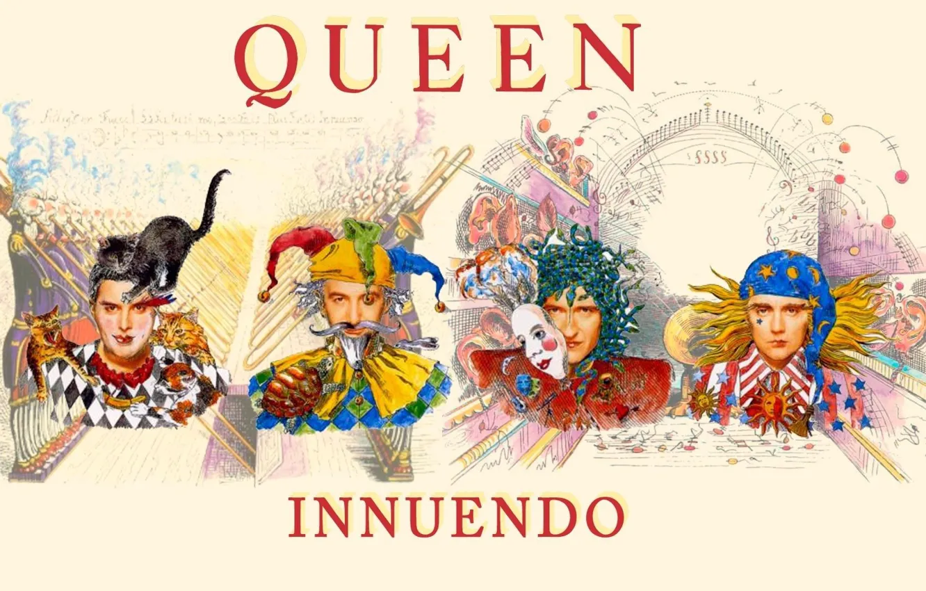 Фото обои Queen, Freddie Mercury, Brian May, Roger Taylor, John Deacon, Innuendo