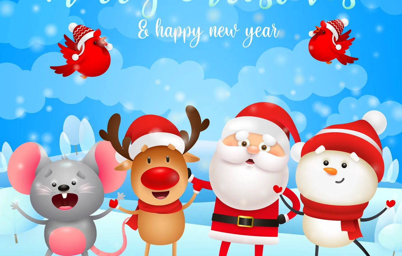 Фото обои Снег, Улыбка, Рождество, Олень, Новый год, Мышка, Санта Клаус, Happy New Year