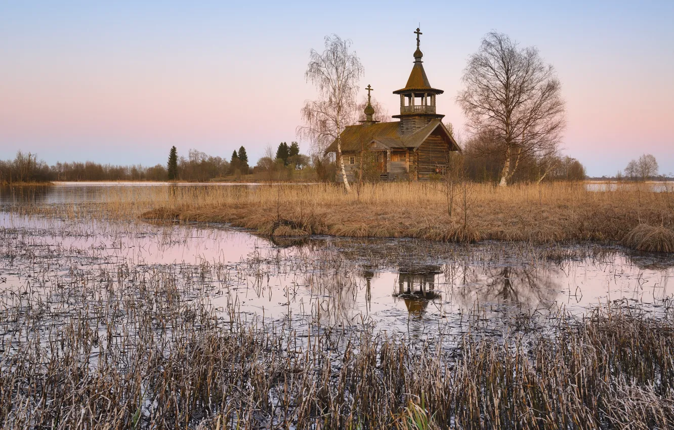 Фото обои осень, отражение, берег, весна, церковь, храм, Россия, водоем