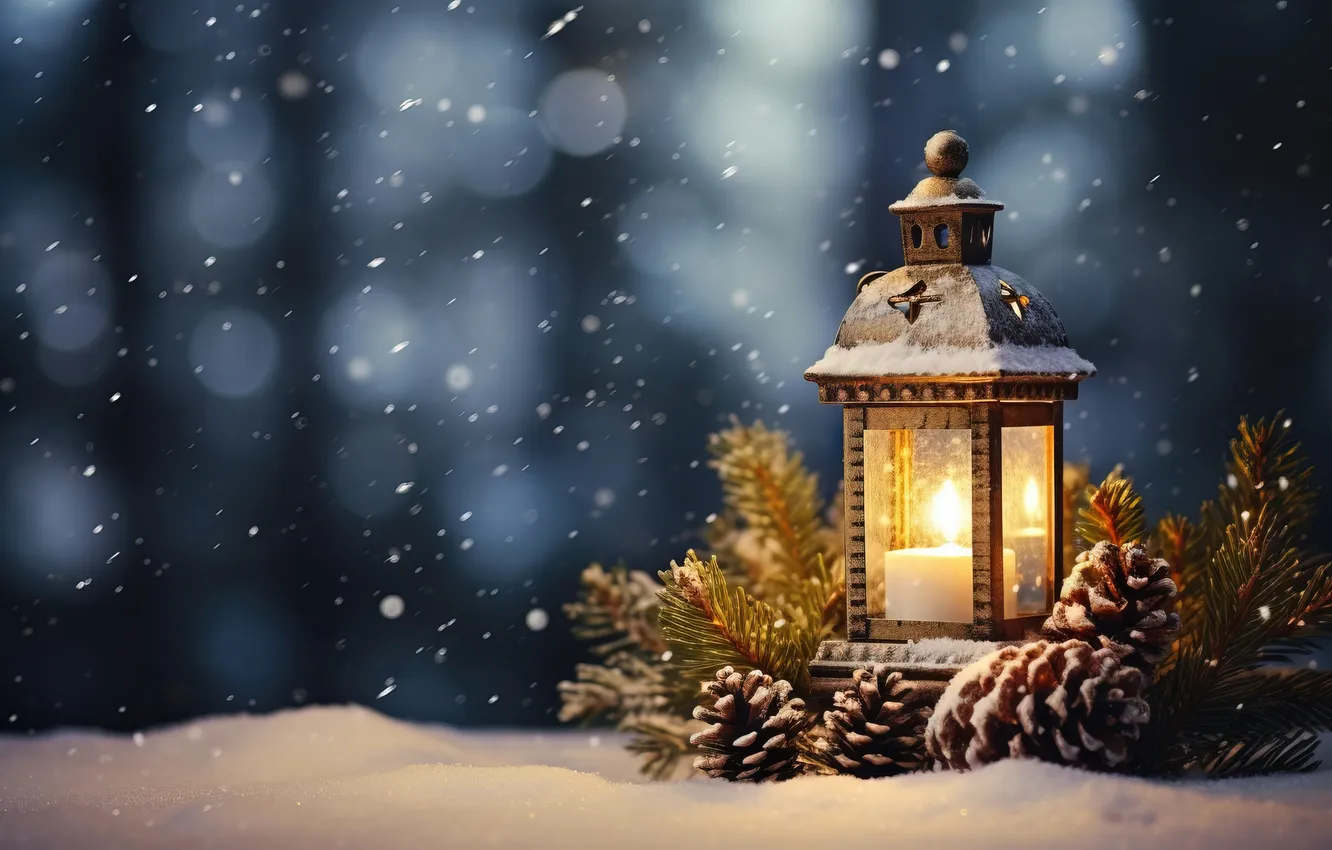 Фото обои зима, снег, ночь, Рождество, фонарь, Новый год, Christmas, night