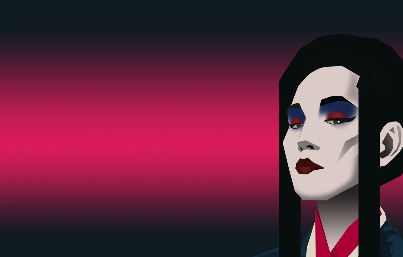 Фото обои Japan, anime, red lips, gradient, black hair, kimono, red background, culture