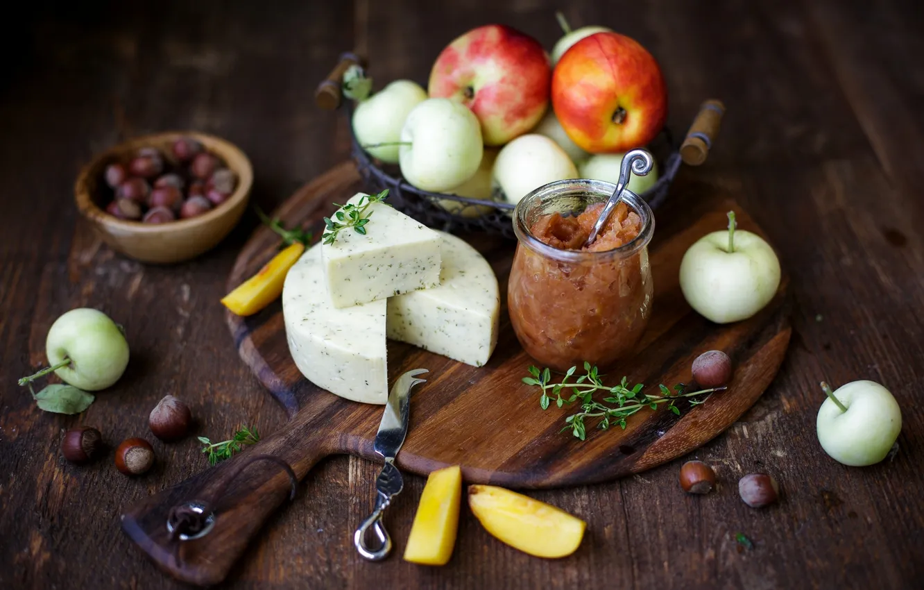 Фото обои яблоки, еда, сыр, фрукты, орехи, варенье, лесные, баночка