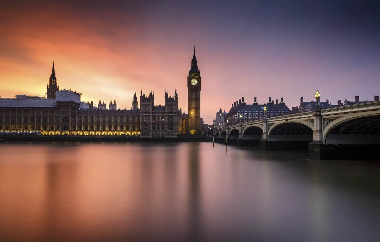 Фото обои Sunset, London, England, Big Ben, Whitehall