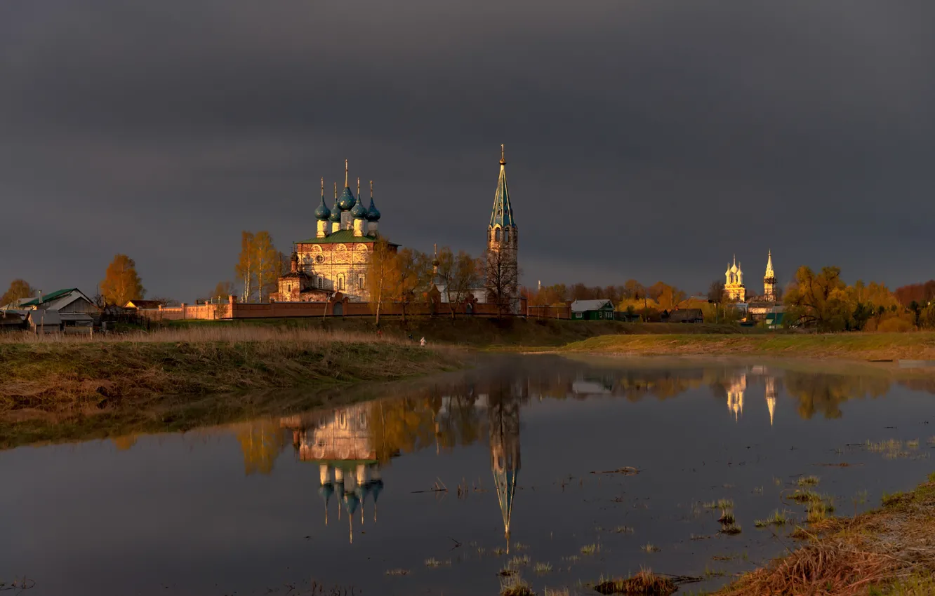 Фото обои пейзаж, тучи, природа, отражение, река, храм, колокольня, Дунилово