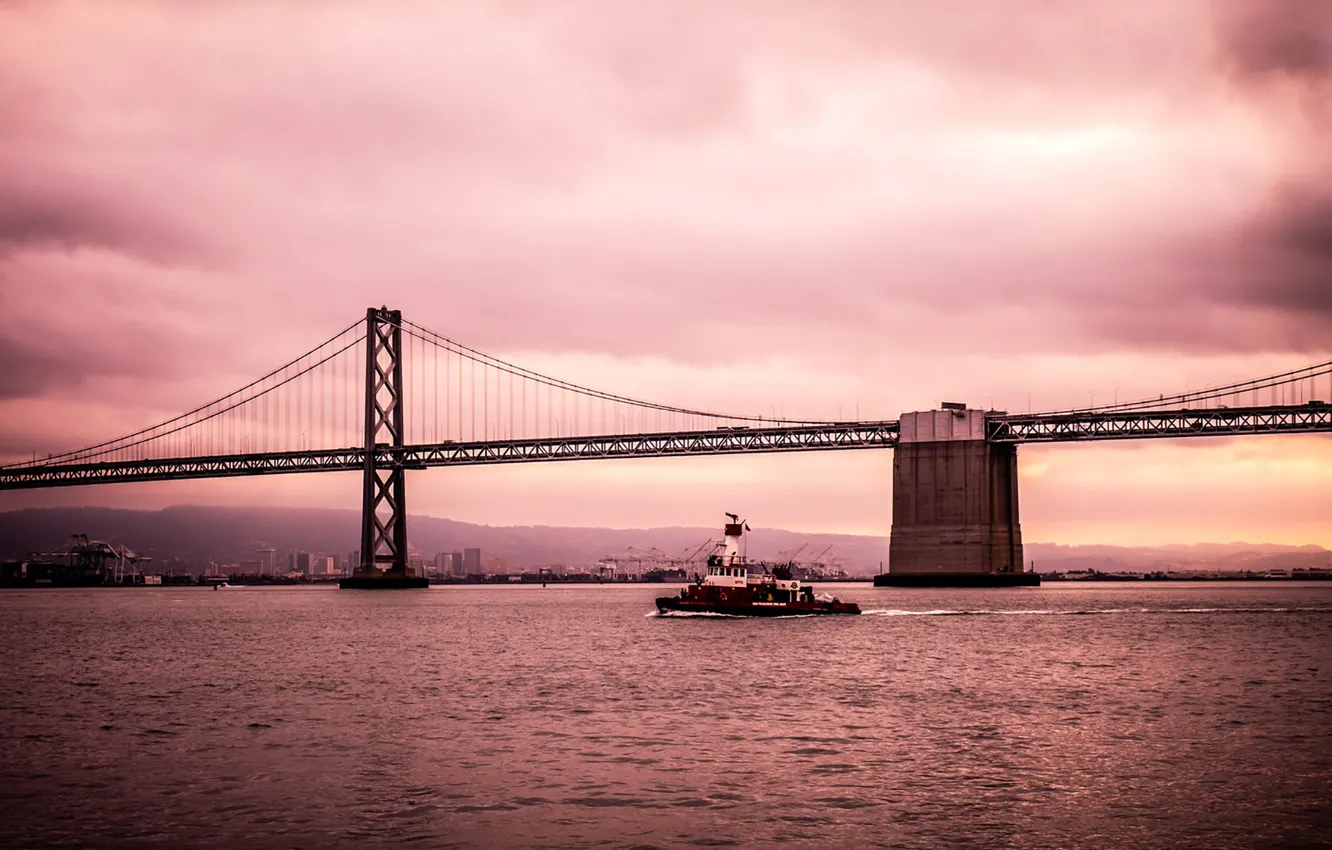 Фото обои California, morning, sunrise, dawn, Bay Bridge, cityscape, San Francisco Bay, firefighting
