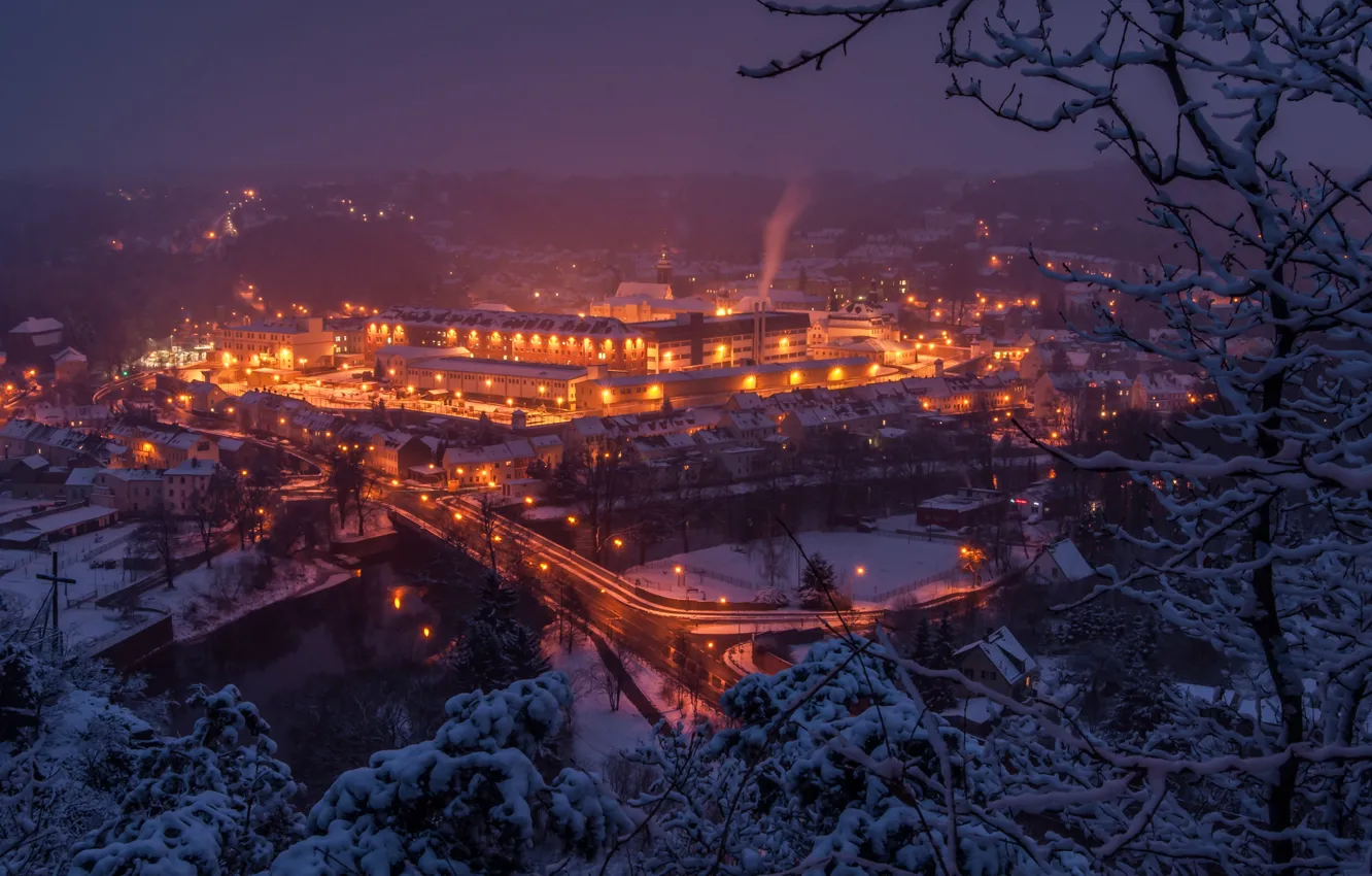 Фото обои зима, деревья, мост, река, здания, Германия, панорама, ночной город
