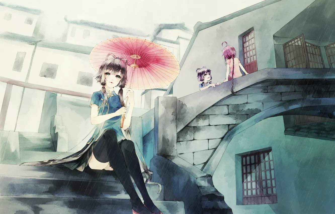 Фото обои девушки, дождь, зонт, аниме, арт, лестница, vocaloid, anna