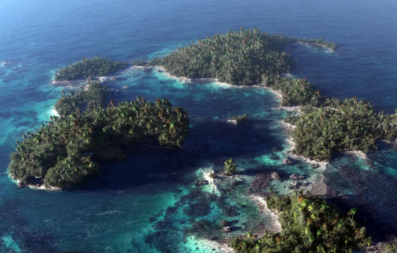 Фото обои море, острова, деревья, пальмы, океан, арт, вид сверху, риф