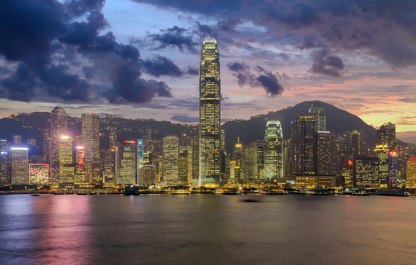 Фото обои lights, skyline, ocean, sunset, asia, hongkong