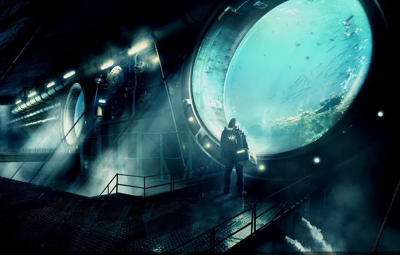 Фото обои человек, база, сооружения, подводный мир