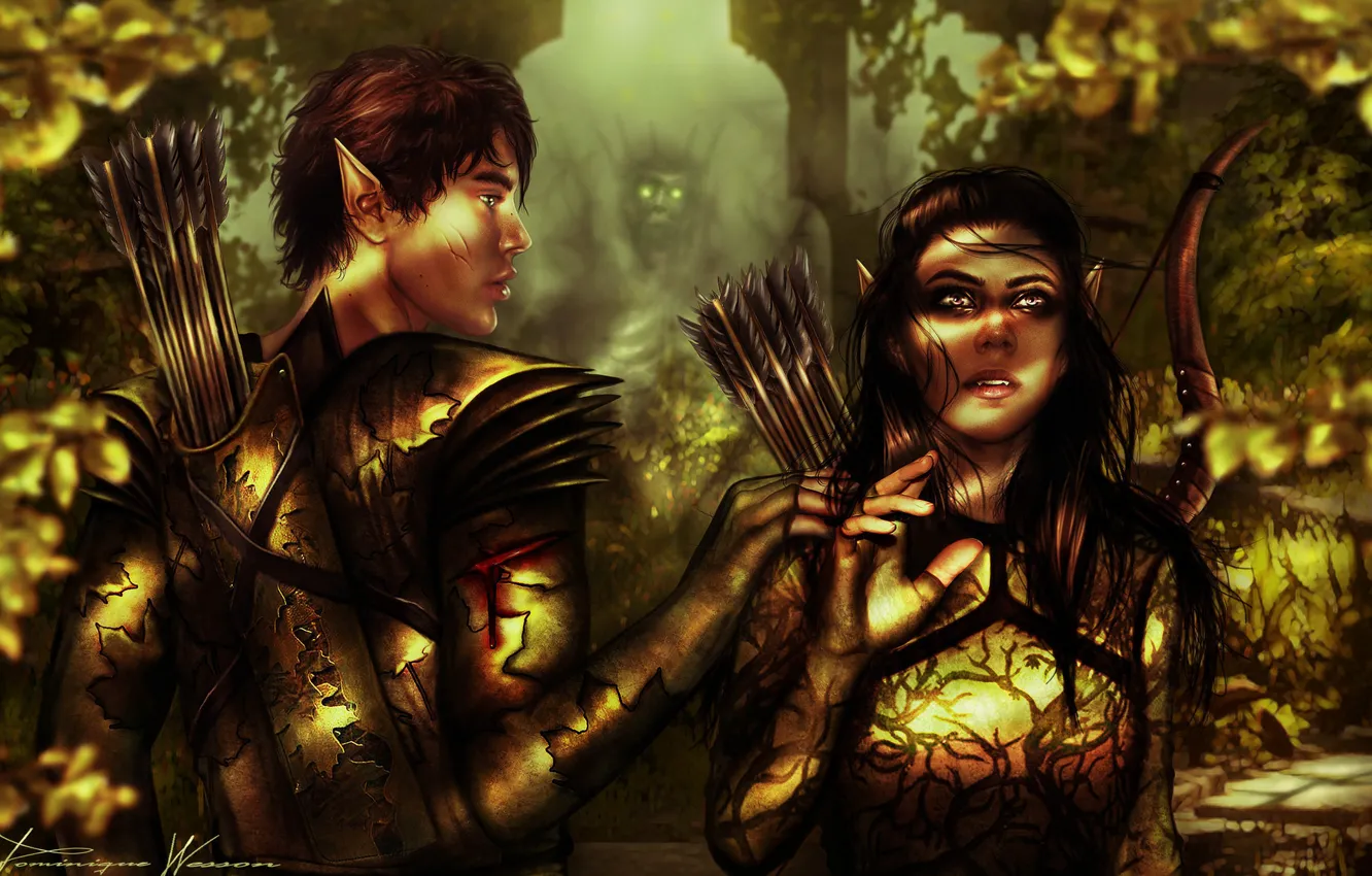 Фото обои девушка, лук, арт, эльфы, парень, фэнтази, стрелы, лес. деревья