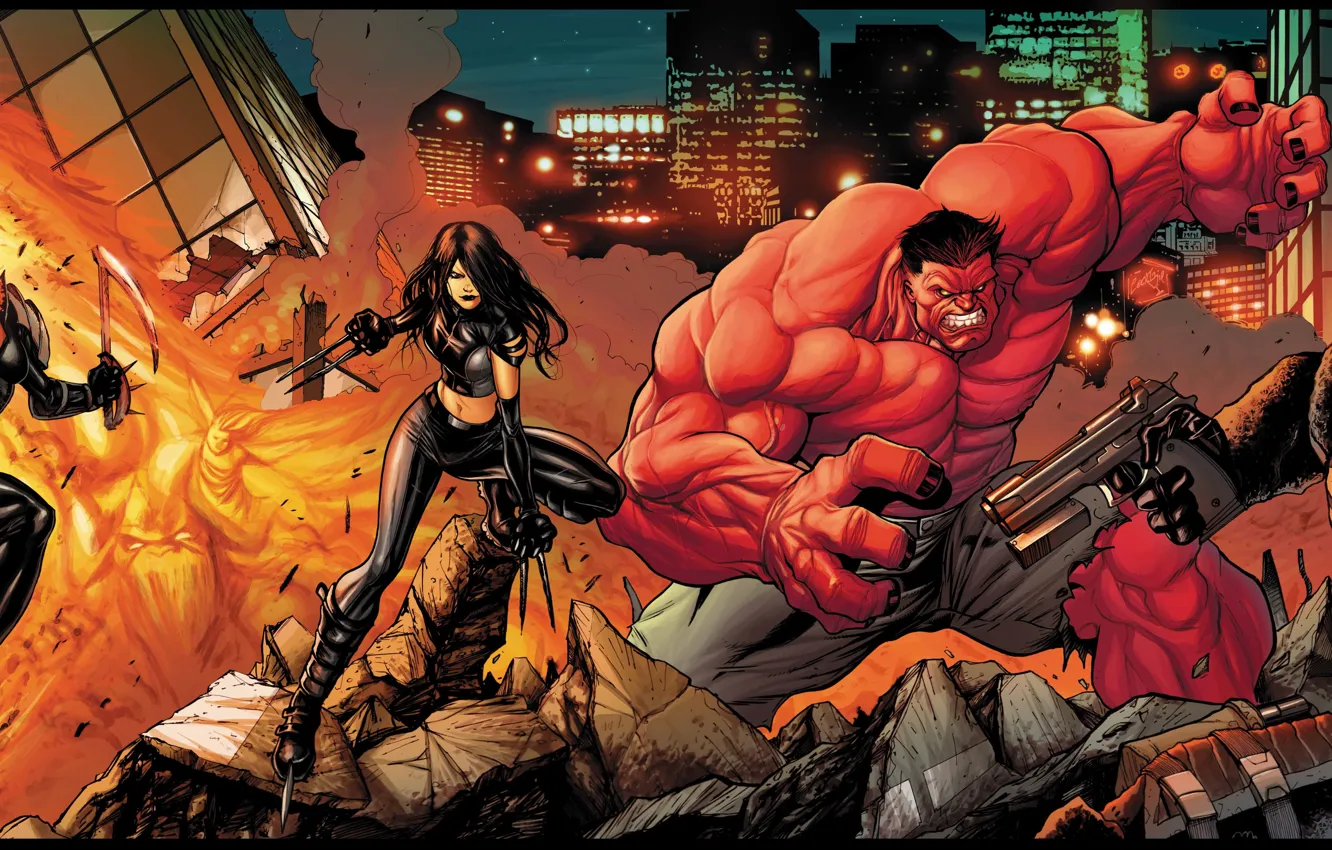 Фото обои оружие, огонь, Ghost Rider, Призрачный гонщик, Venom, Red Hulk, X-23, веном