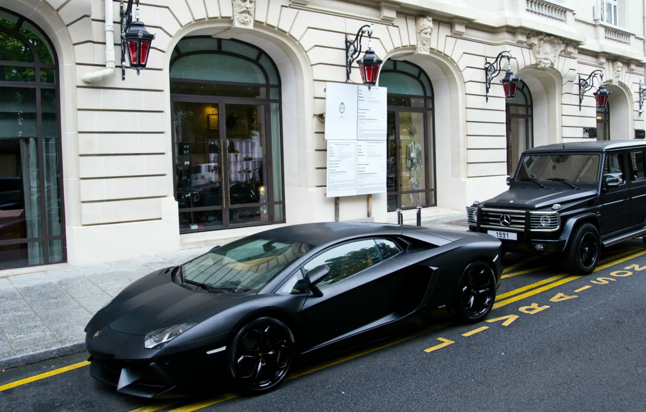 Фото обои Lamborghini, Mercedes, Lamborghini Aventador & Mercedes-Benz G55 AMG