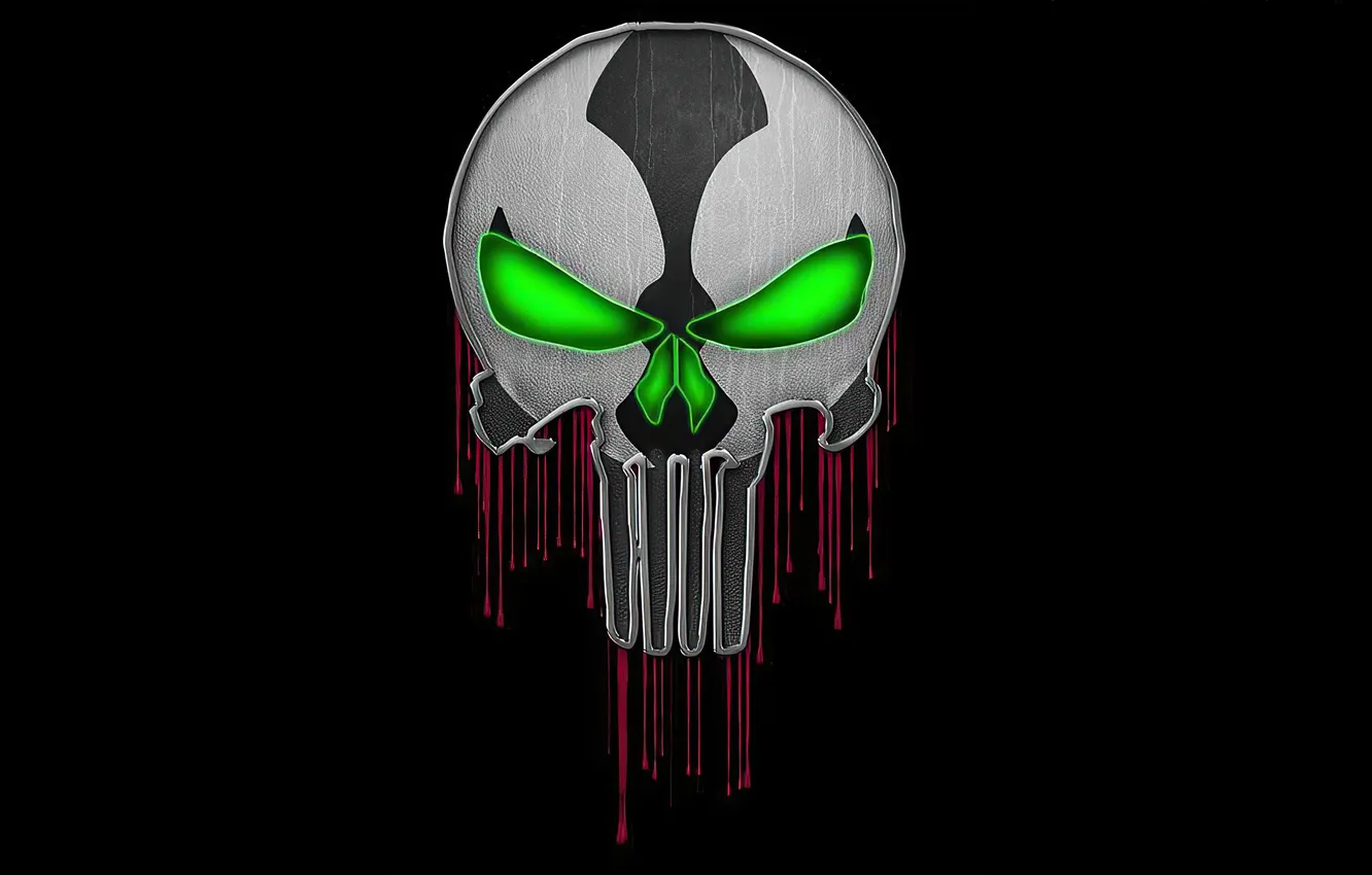 Фото обои череп, логотип, skull, logo, черный фон, black background, spawn, Зеленое свечение