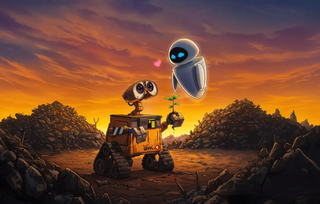 Фото обои цветок, мультфильм, роботы, арт, EVE, WALL·E, ВАЛЛ·И