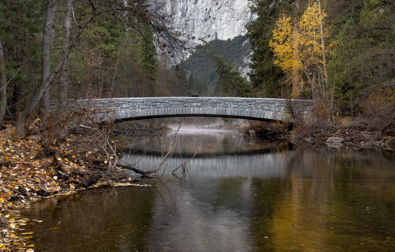 Фото обои осень, мост, река, Yosemite Valley