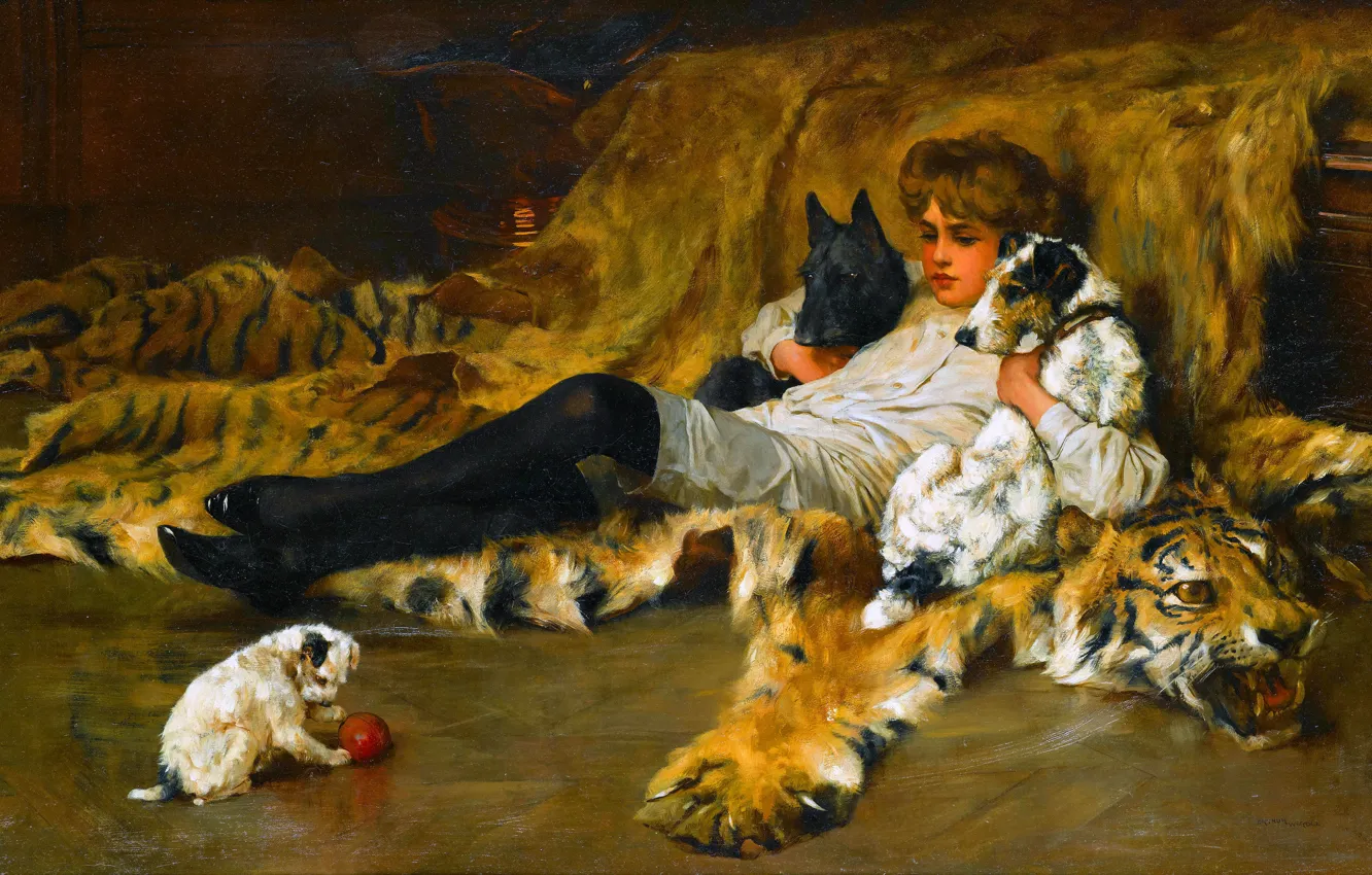 Фото обои Девушка, Собака, Картина, Arthur Wardle, Британский художник, Шкура тигра, После бала, Артур Вардль