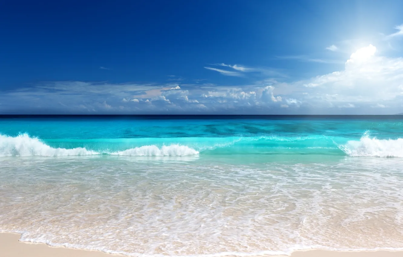 Фото обои песок, море, пляж, берег, волна, горизонт