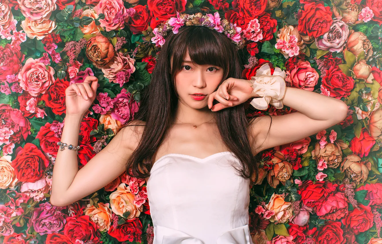 Фото обои девушка, цветы, азиатка, милашка