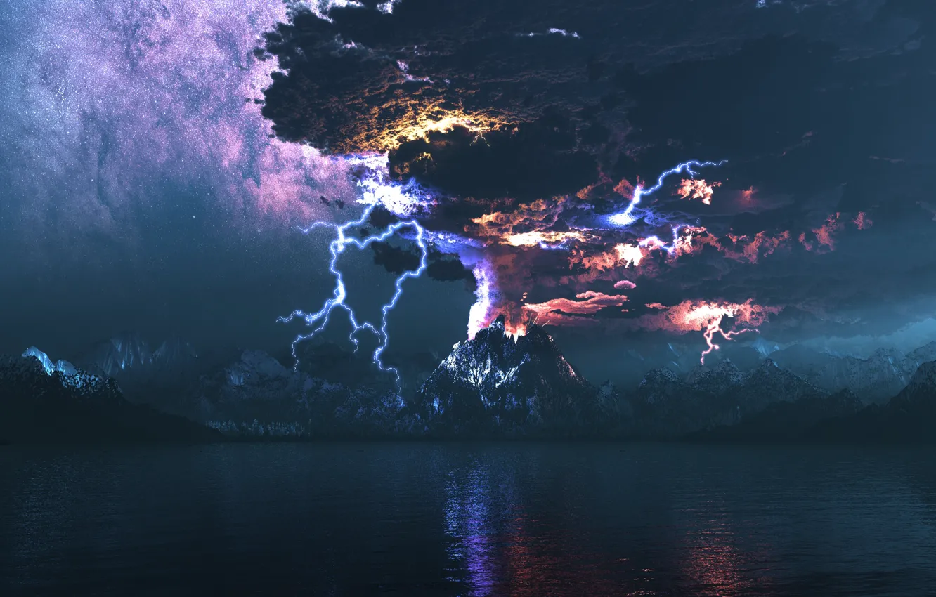 Фото обои ночь, молнии, вулкан, извержение, digital, Dodenfell
