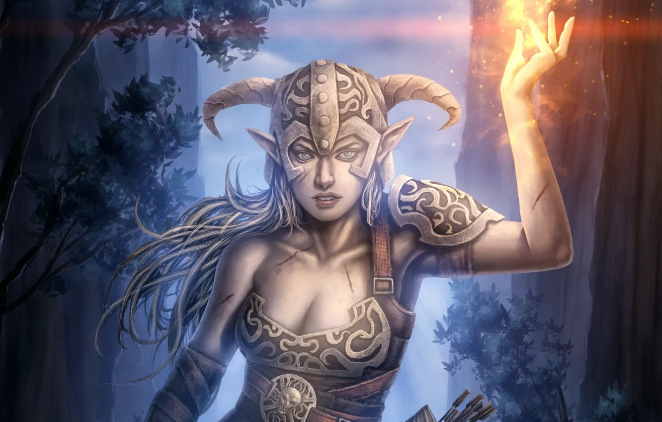 Фото обои девушка, огонь, магия, шлем, Elder Scrolls V: Skyrim
